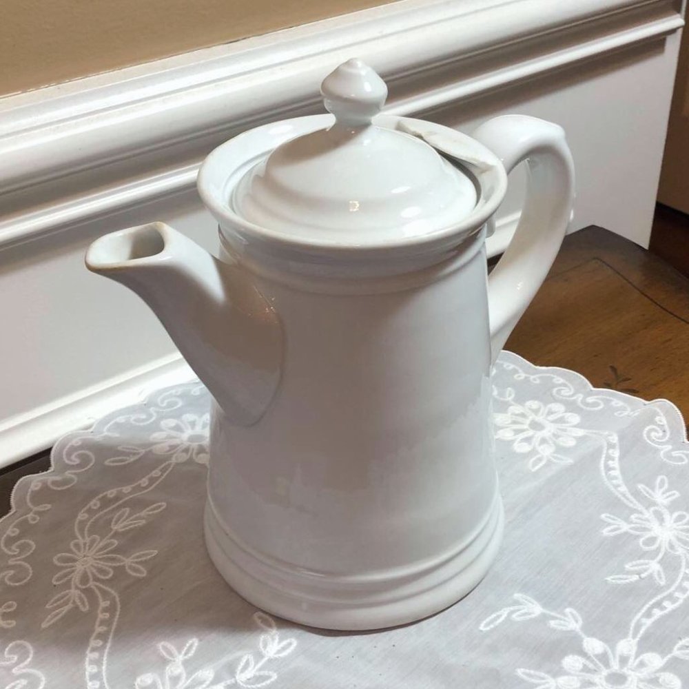 J Z & Co white ironware coffee pot